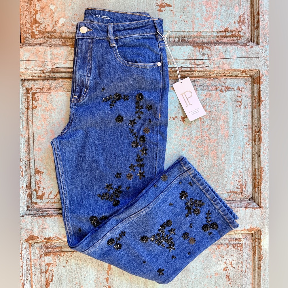 Anthropologie Sequined Embellished Annie High Rise Straight Leg Ankle Jeans